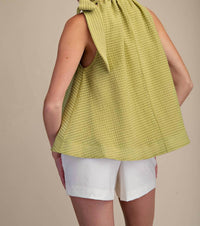 GLAM Ruffle Neck Tie Sleeveless Top in green - women's blouse - detail view