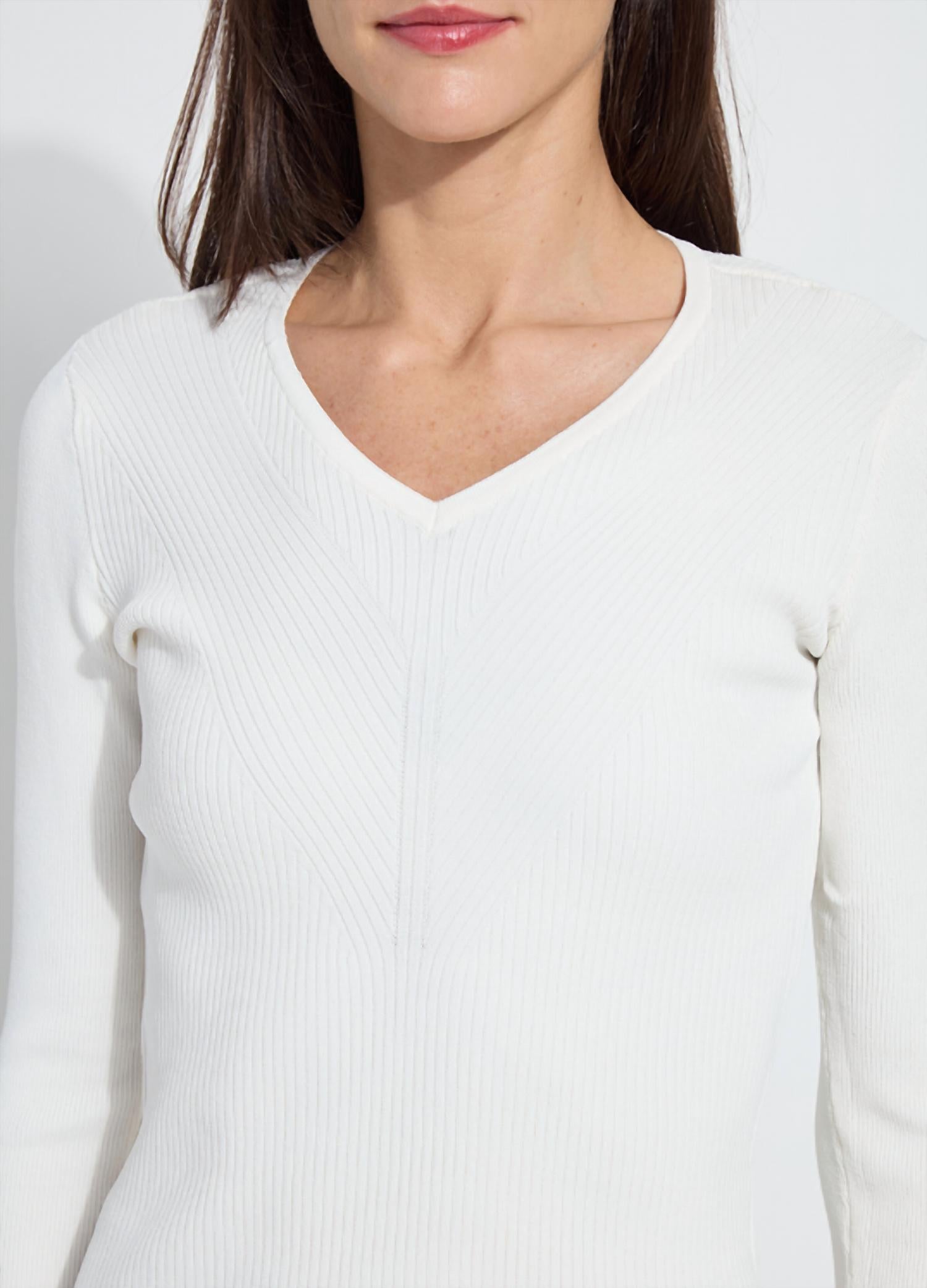 Lysse Adette V-neck Ribbed Long Sleeve Top in natural pearl - women's long sleeve top - view 4