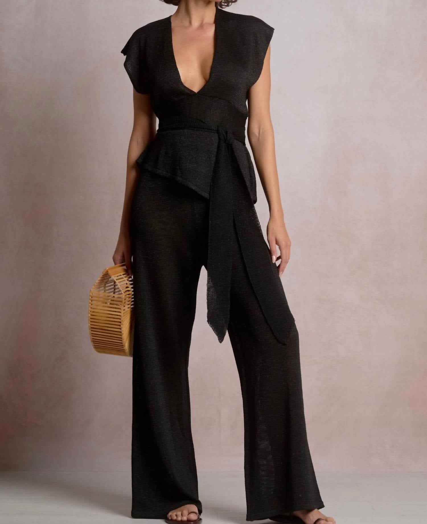 ELAN Sophia Plunge V-neck Blouse in black - women's blouse