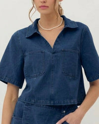 entro Double Pocket Cropped Denim Top in blue - women's shirt - detail view
