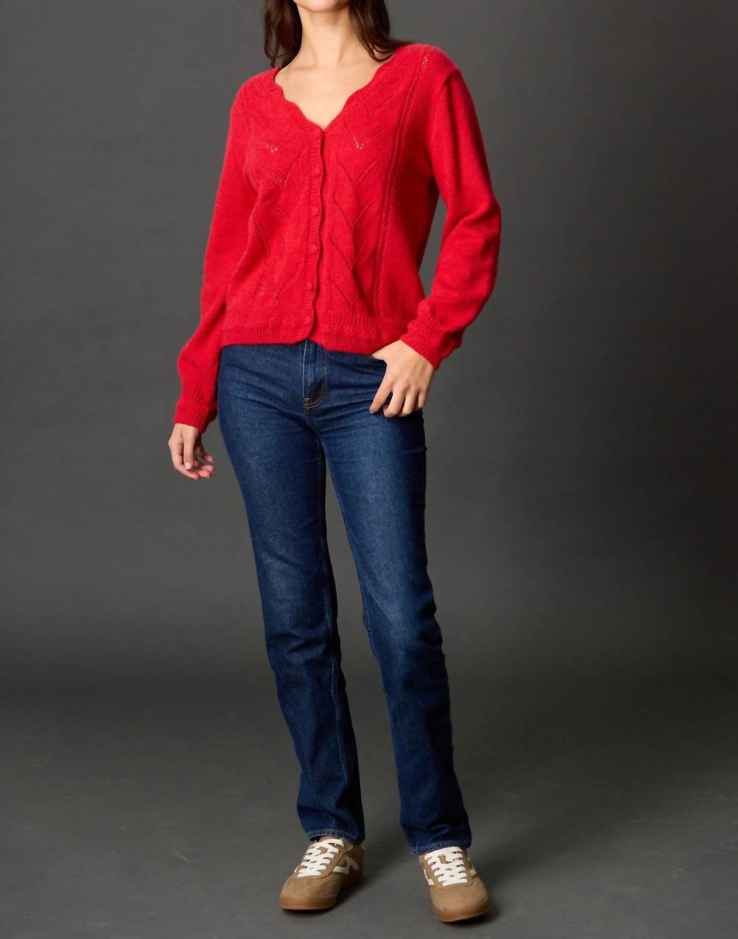 Before You Long Sleeve Button Down Wave Edge Cardigan in red - women's cardigan - detail view
