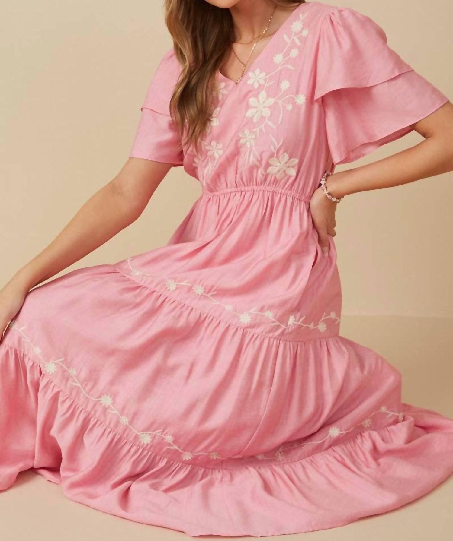 Hayden La - Women's Embroidered Ruffle Sleeve Tiered Dress