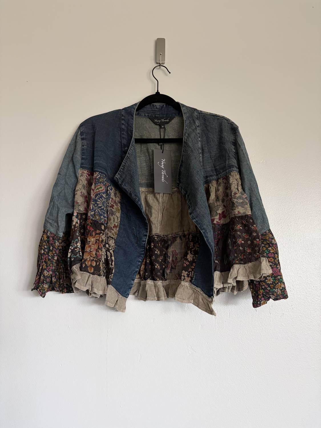 Young Threads - Women's Patchwork Ruffle Bottom Jean Jacket