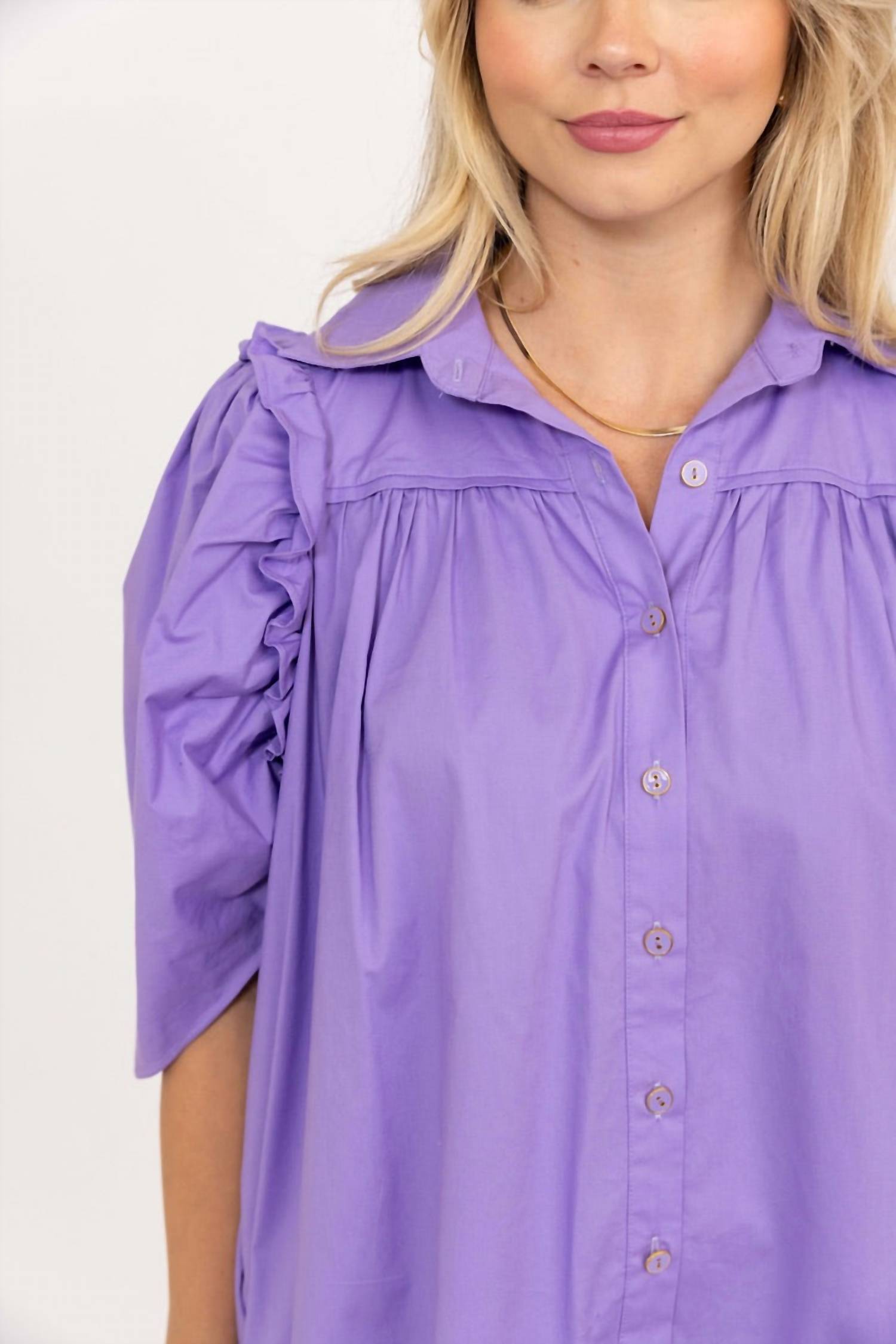 Karlie - Solid Button Puff Sleeve Ruffle Dress