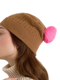 Brodie Cashmere Cable Pom Cashmere Hat in chestnut - women's hat - detail view