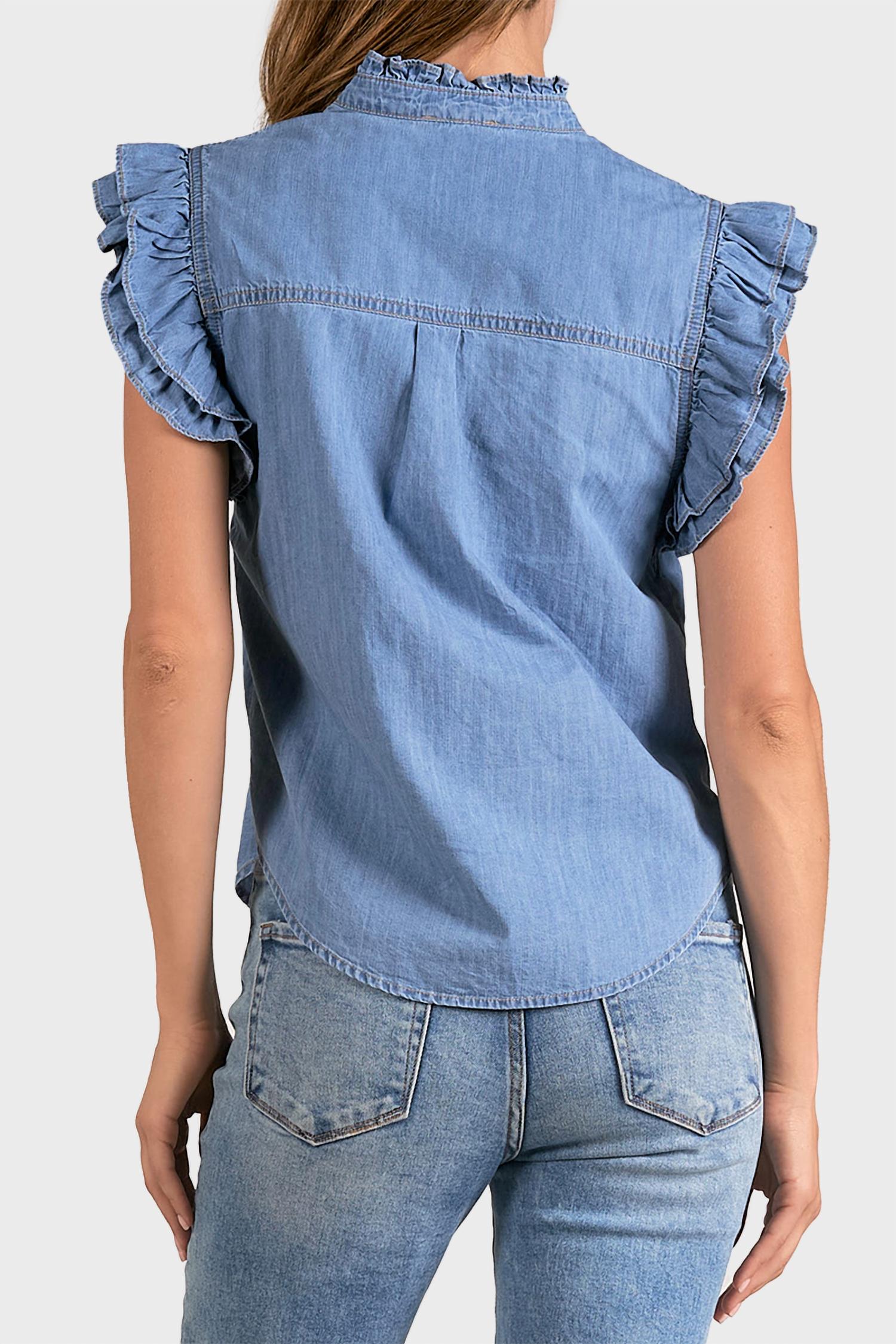 Elan - Chambray Flutter Sleeve Top