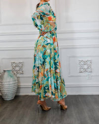 Surelymine - Bubble Sleeves Floral Cut-Out Ruffle Midi Dress