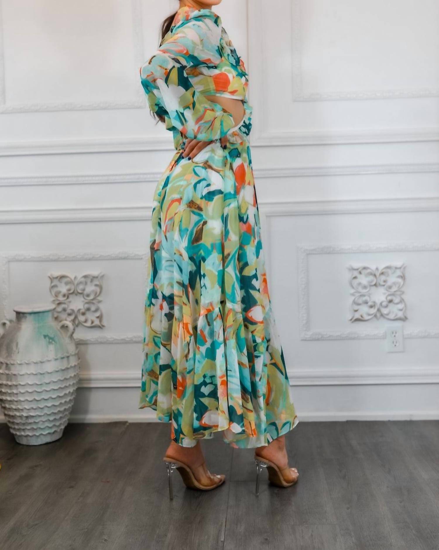 Surelymine - Bubble Sleeves Floral Cut-Out Ruffle Midi Dress