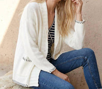 Karen Kane Contrast Stitch Open Front Cardigan Sweater in off white with navy - women's cardigan - view 8