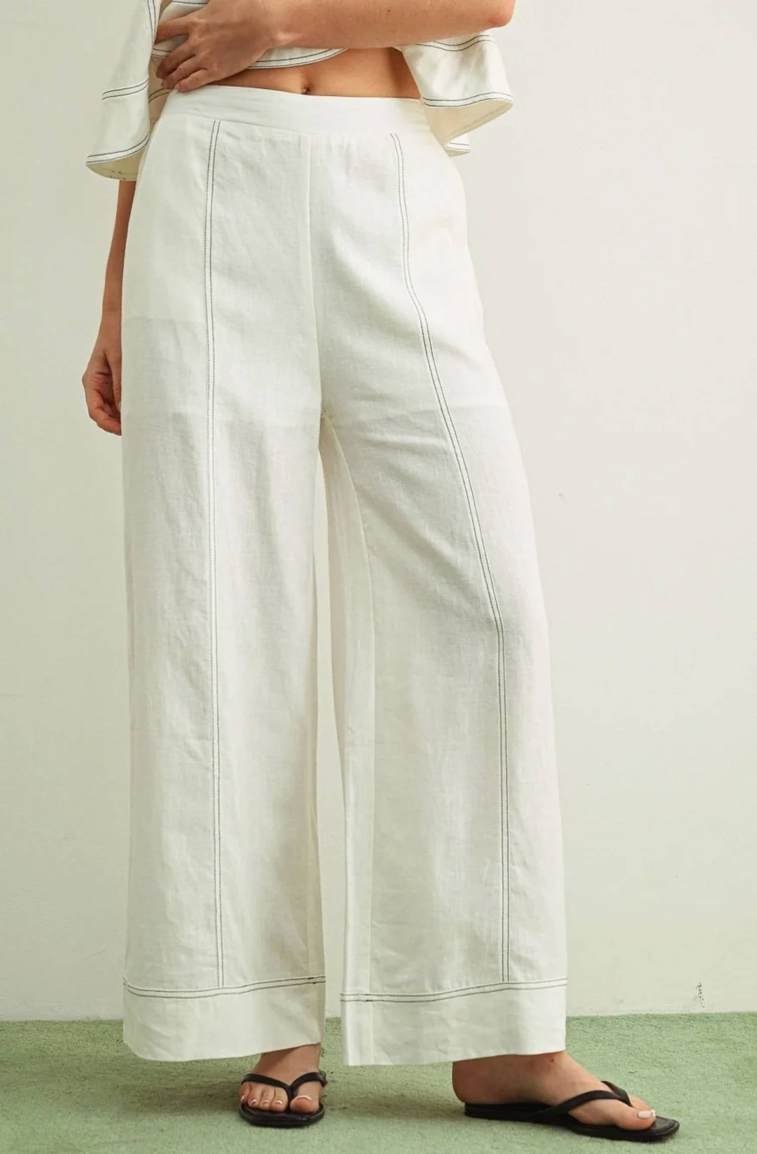 Miou Muse - STITCHED DETAIL WIDE LEG LINEN PANT