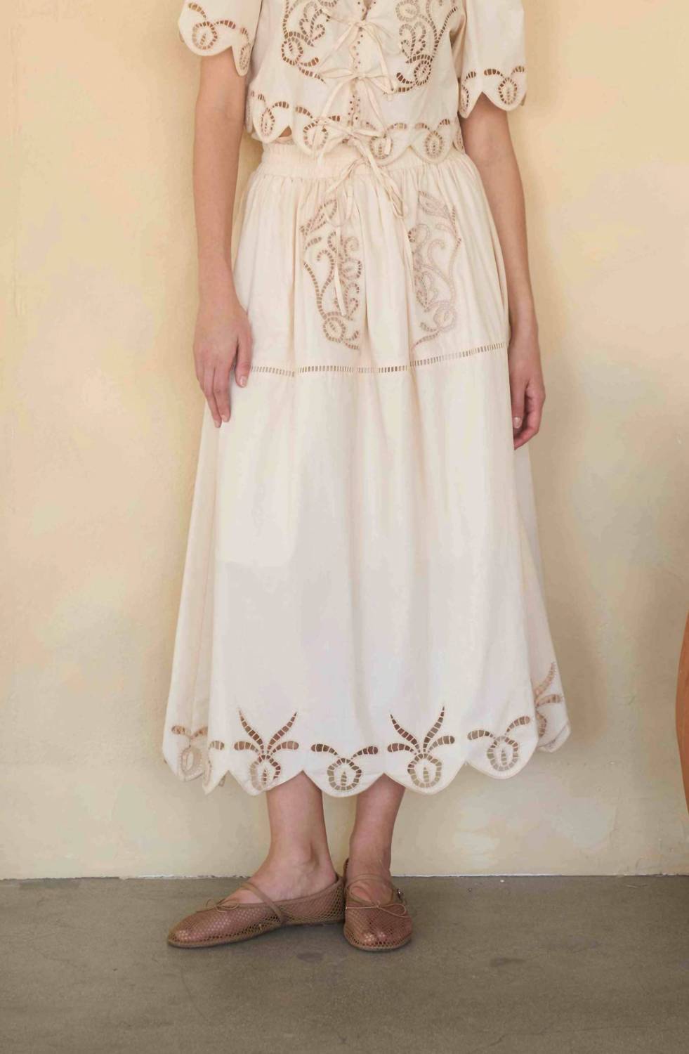 Moon River - Eyelet Ladder Lace Scalloped Midi Skirt