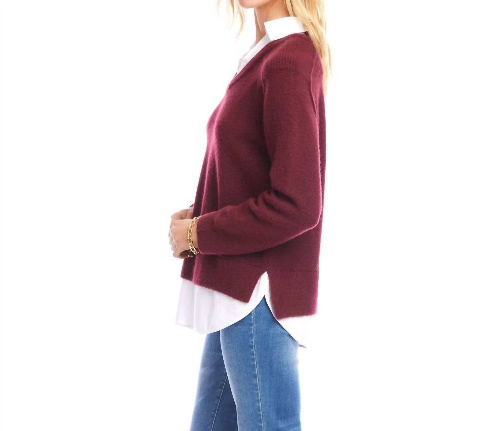 Karen Kane Layered Long Sleeve Sweater in wine - women's sweater - alternate view