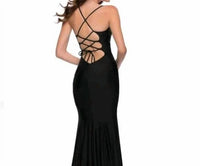 La Femme - Plunging Neck High Slit Strappy Back Gown Dress