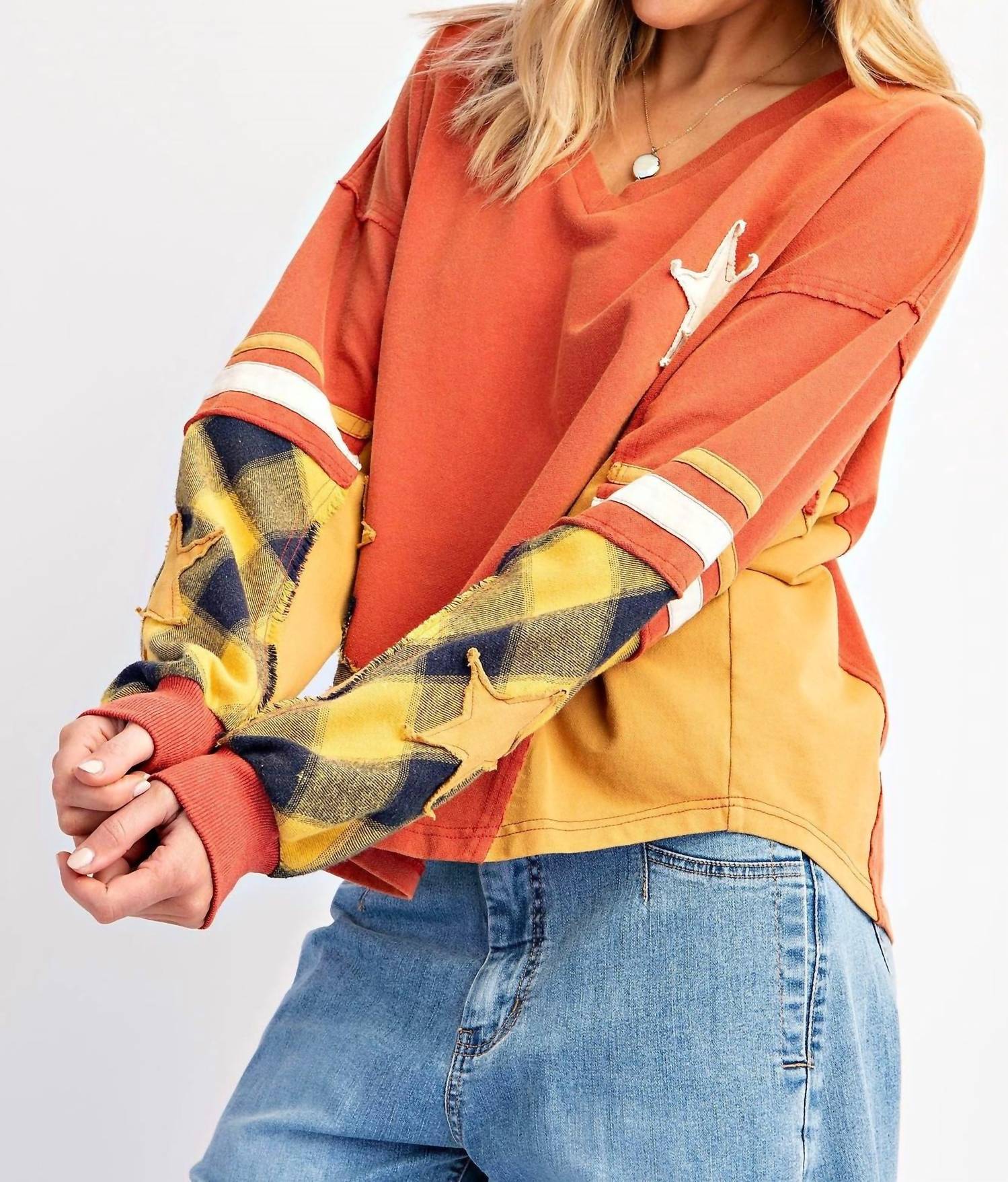 Little Secret Of Mine - Plaid About You Mix Color Block Terry Knit Pullover