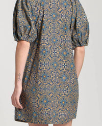 APNY Laced Up Puffed Sleeve Dress in indigo multi - women's dress - detail view