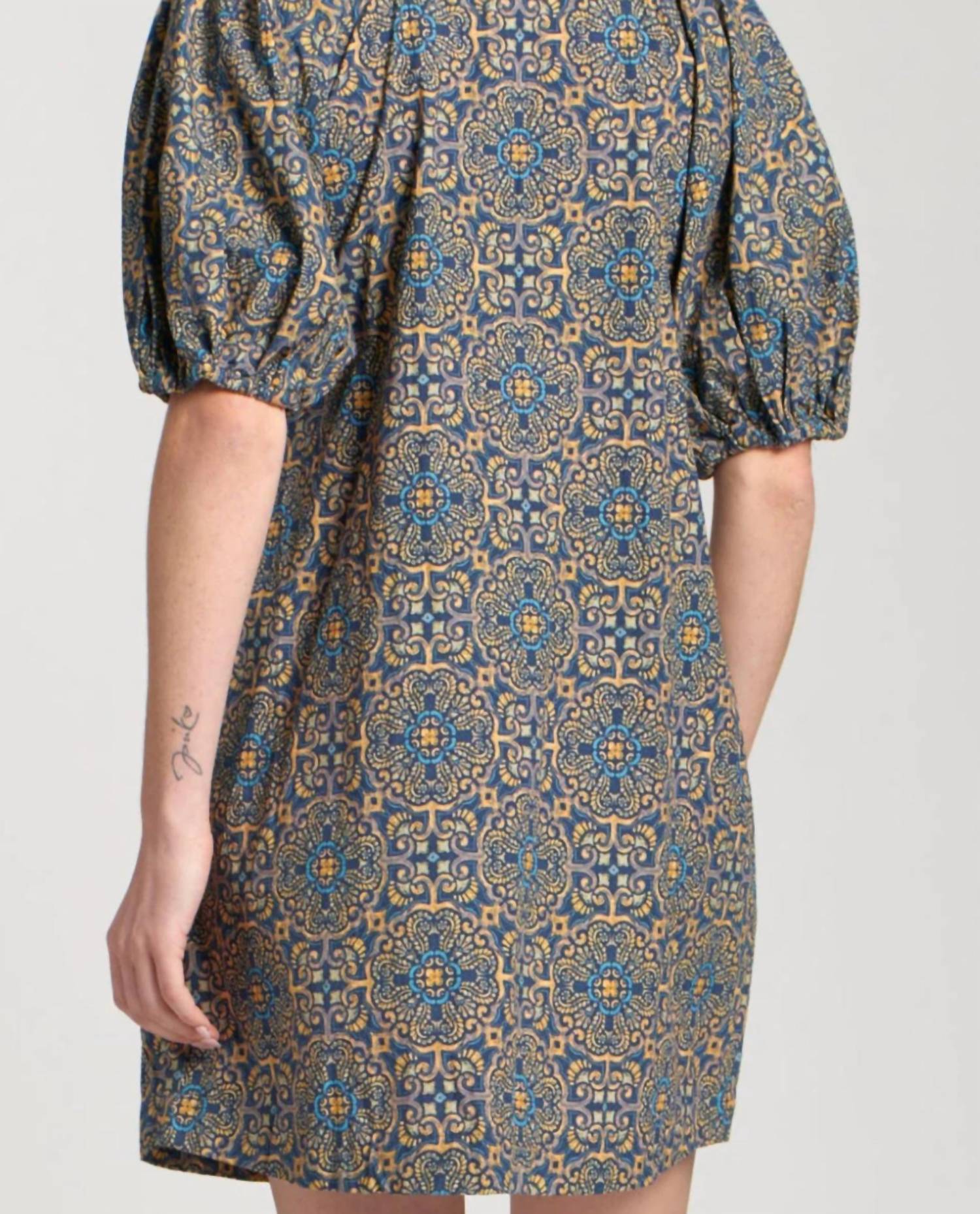 APNY Laced Up Puffed Sleeve Dress in indigo multi - women's dress - detail view