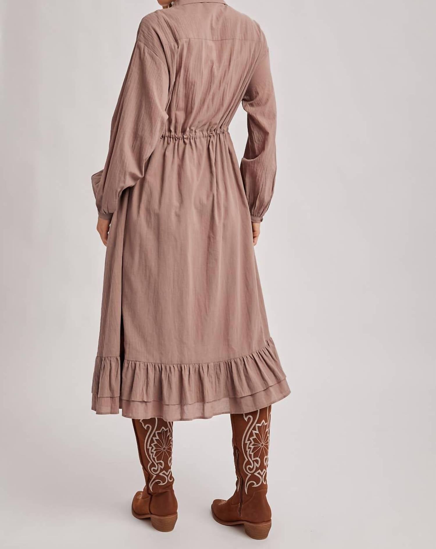 BluIvy Ruffled Midi Open Duster Shirt Dress in mauve - women's dress - detail view