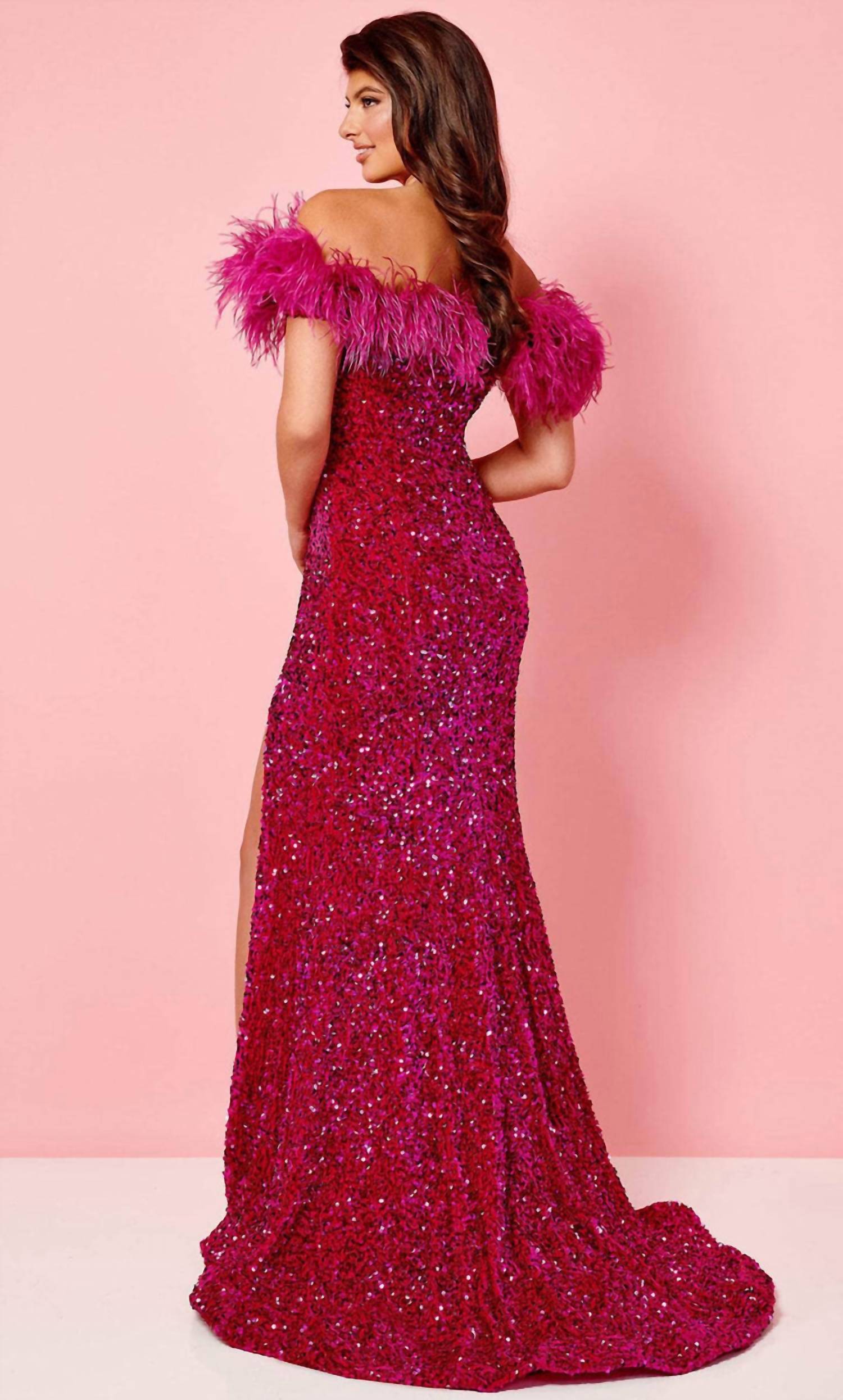 Rachel Allan - Feathered Off Shoulder Prom Gown