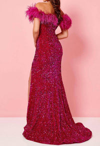 Rachel Allan - Feathered Off Shoulder Prom Gown