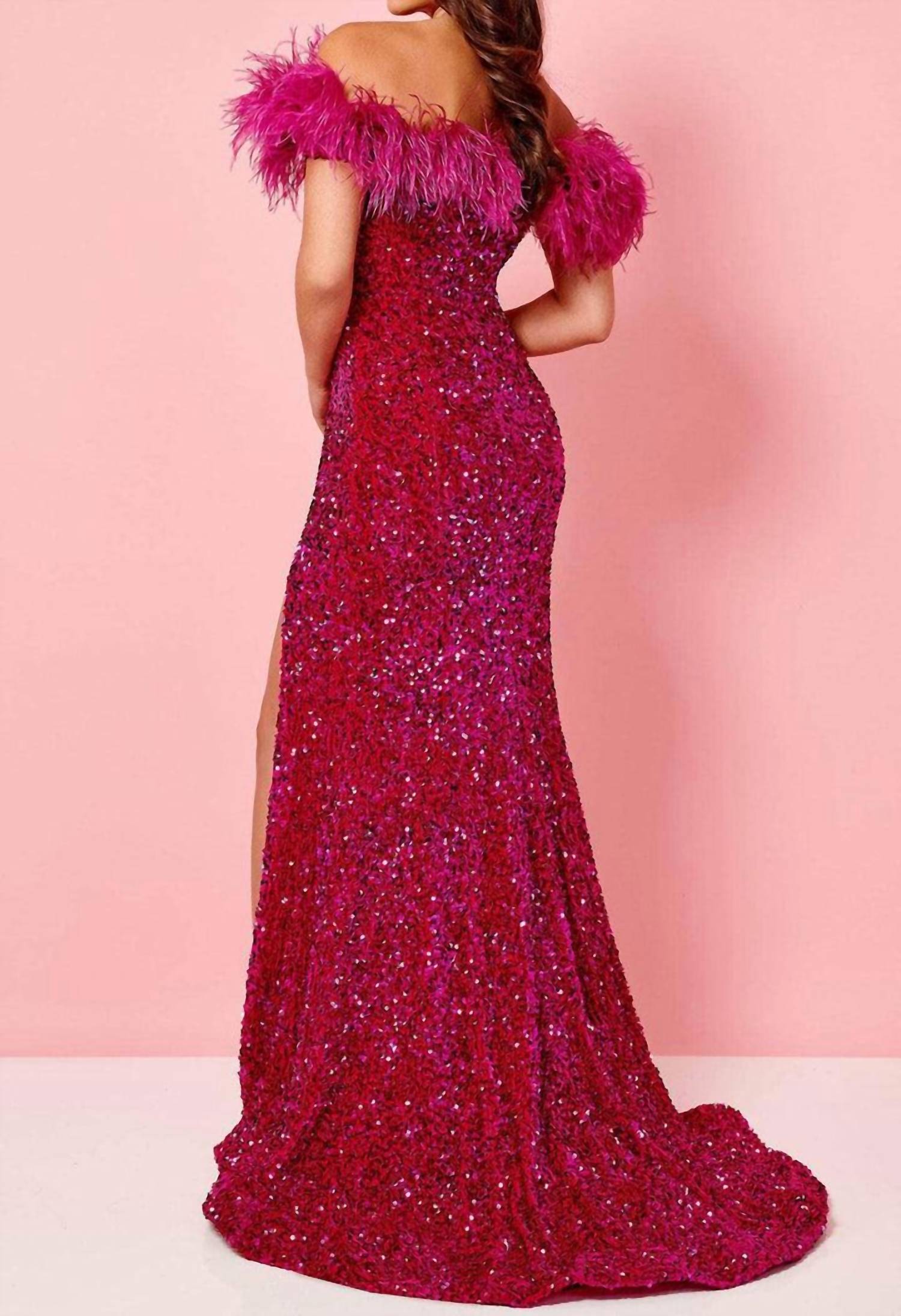 Rachel Allan - Feathered Off Shoulder Prom Gown