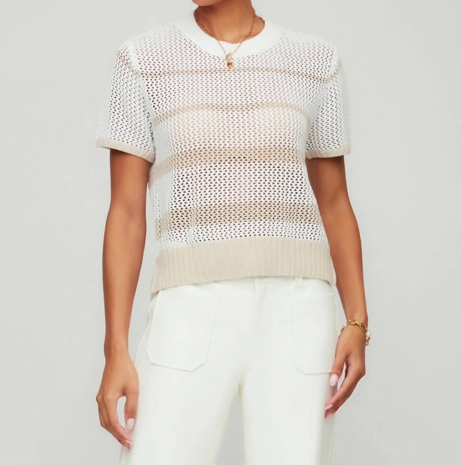 Fifteen Twenty Faye Crochet Sweater Top in cream and khaki - women's sweater - view 4
