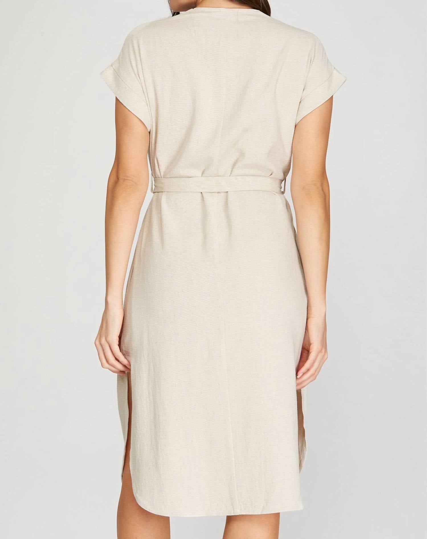 Drop Short Sleeve Waist Tie Linen Dress