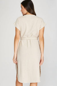 Drop Short Sleeve Waist Tie Linen Dress