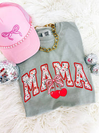 Hart and Hollow Women's Mama Cherry Graphic Tee in green - women's t-shirt - detail view