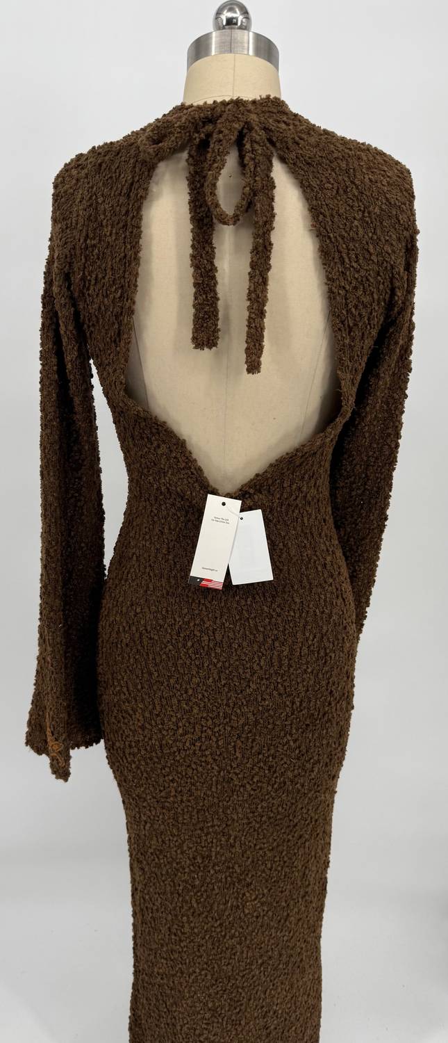 Honor The Gift - Women Fuzzy Knit Maxi Dress Long Sleeve Open Tie-back