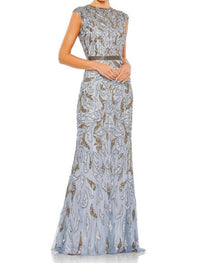 MAC DUGGAL Embellished Illusion Cap Sleeve Column Gown in platinum gold - women's dress