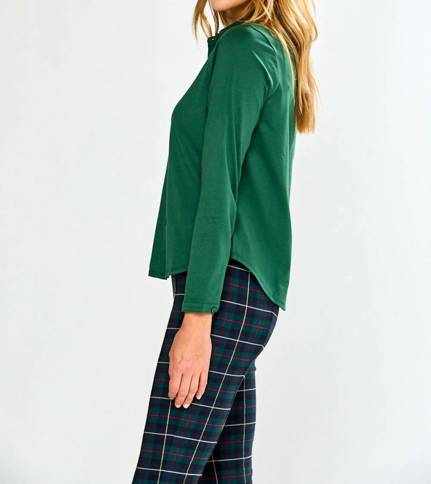 InCashmere Long Sleeve Cotton Knit Shirt in evergreen - women's shirt - alternate view