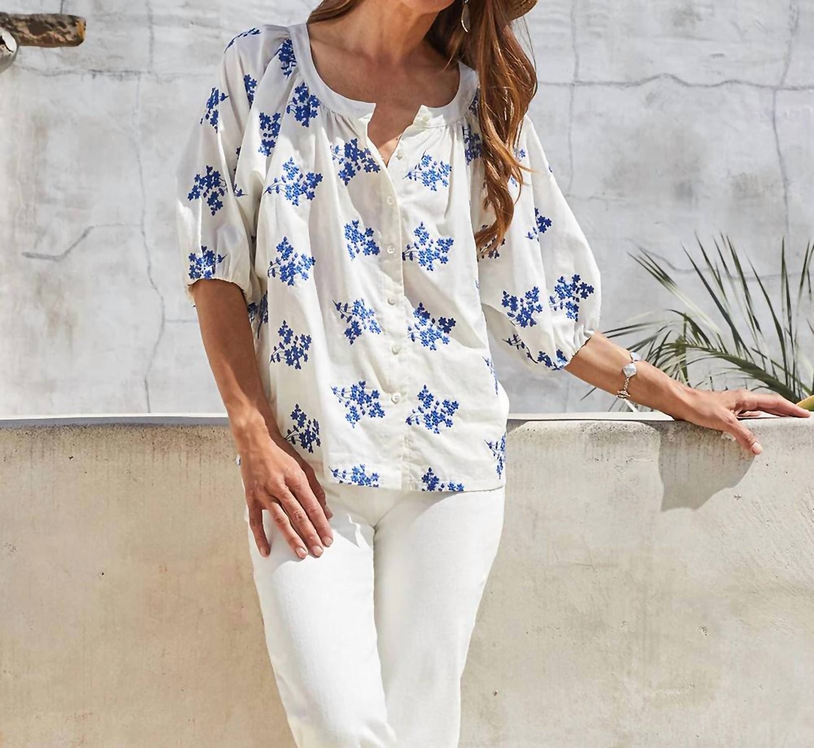 Karen Kane Baylee Floral Embroidered Top in off white and blue - women's blouse - view 5