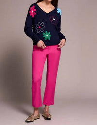 TRIBAL Daisy Flower Front Cotton V-neck Sweater in nightfall - women's sweater - view 4