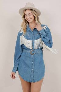 Saints & Hearts - Embroidery Detail Fringe Denim Dress
