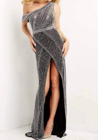 Jovani - Beaded One-shoulder Gown With High Slit