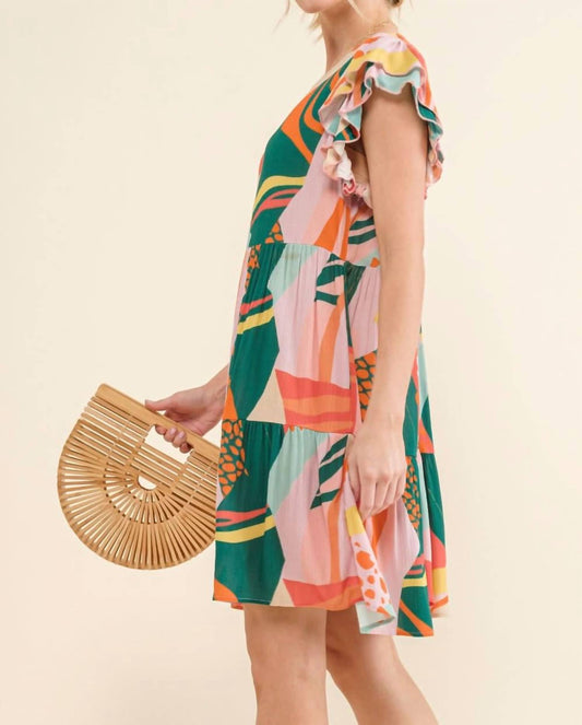 And The Why - Printed Double Ruffle Sleeve Dress