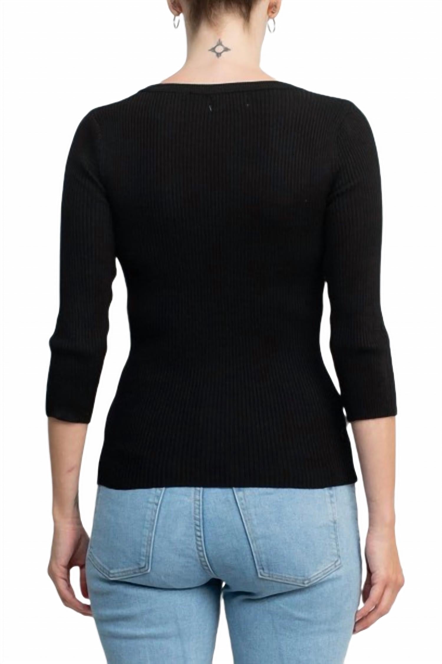 Carmen Marc Valvo - Boat Neck Cutout Front 3/4 Sleeve Ribbed Pullover Knit Top