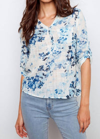 CHARLIE B Roll Up Sleeve Cotton Gauze Top in meadow - women's blouse