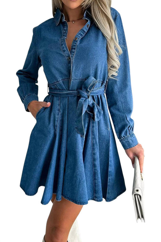 Trendsi - Tied Half Button Long Sleeve Denim Dress