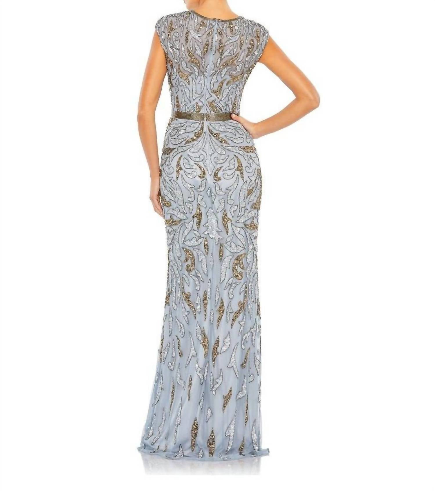 MAC DUGGAL Embellished Illusion Cap Sleeve Column Gown in platinum gold - women's dress - detail view