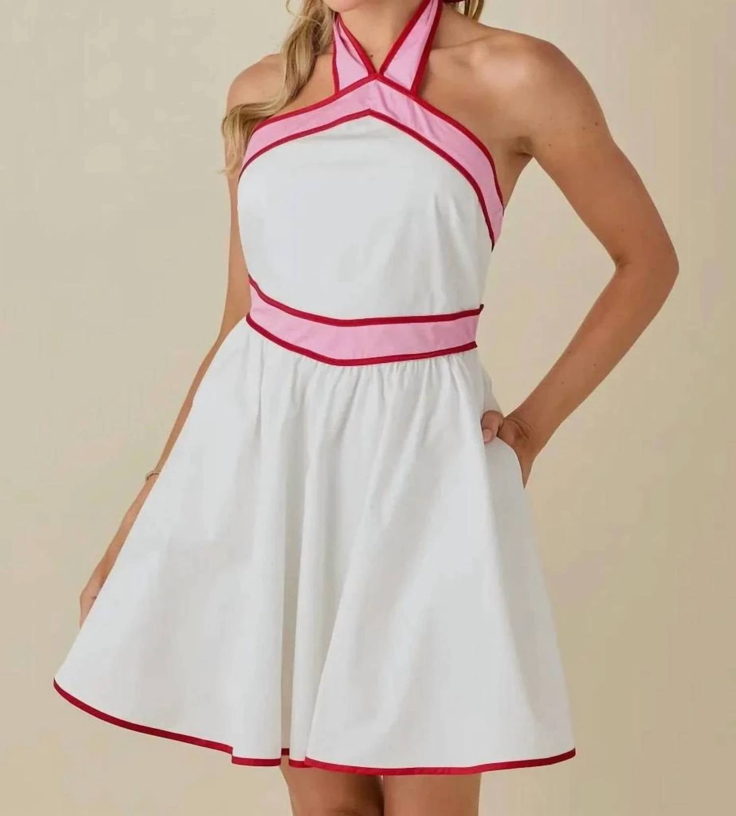BABY PINK Nova Colorblock Halter Mini Dress in white - women's dress - detail view