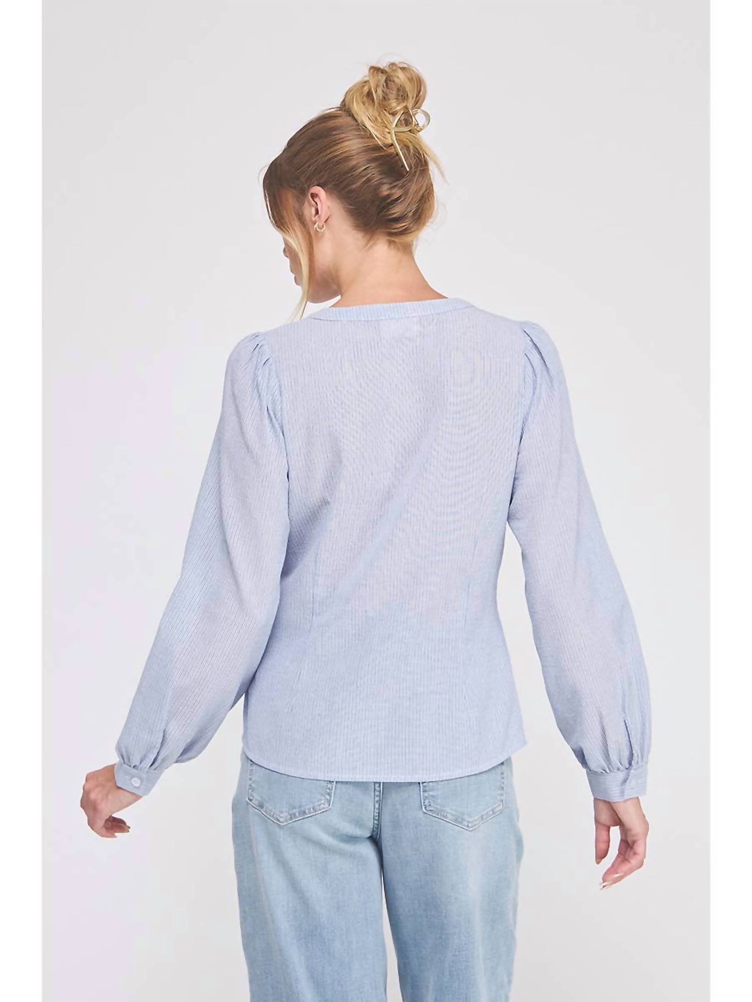 Allie Rose - Cotton Long Sleeve Pinstripe Blouse With Side Tie