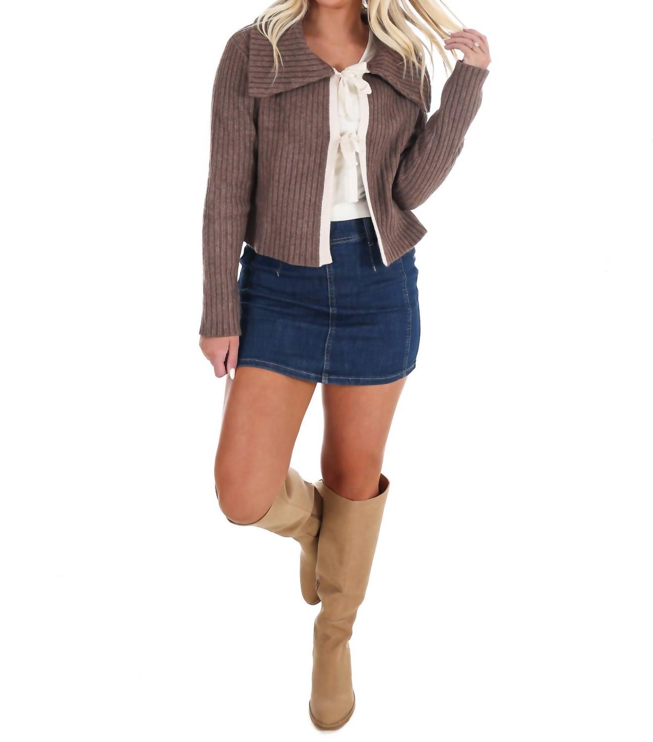 In February - Nostalgic Charm Contrast Bow Ribbed Cardigan