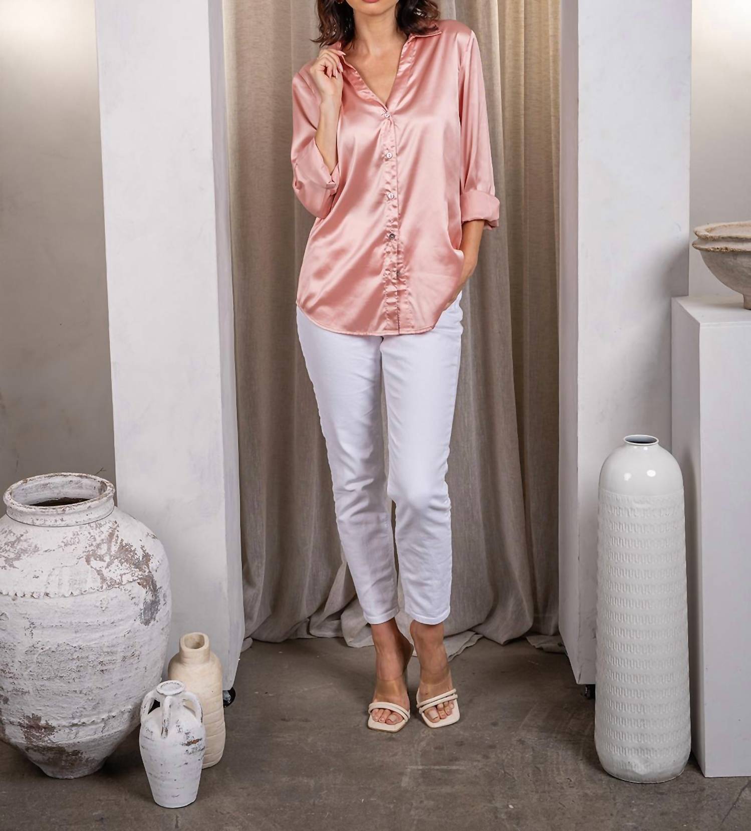 Paparazzi - Stretch Satin Long Sleeve Button Front Blouse
