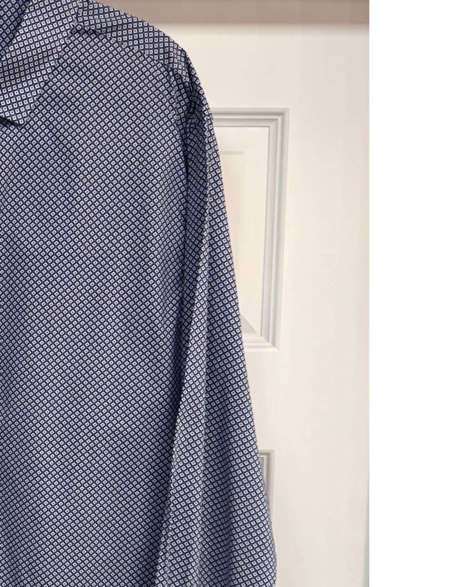 F/X Fusion Men's Long Sleeve Stacked Square Print Shirt in blue grey - men's long sleeve top - detail view