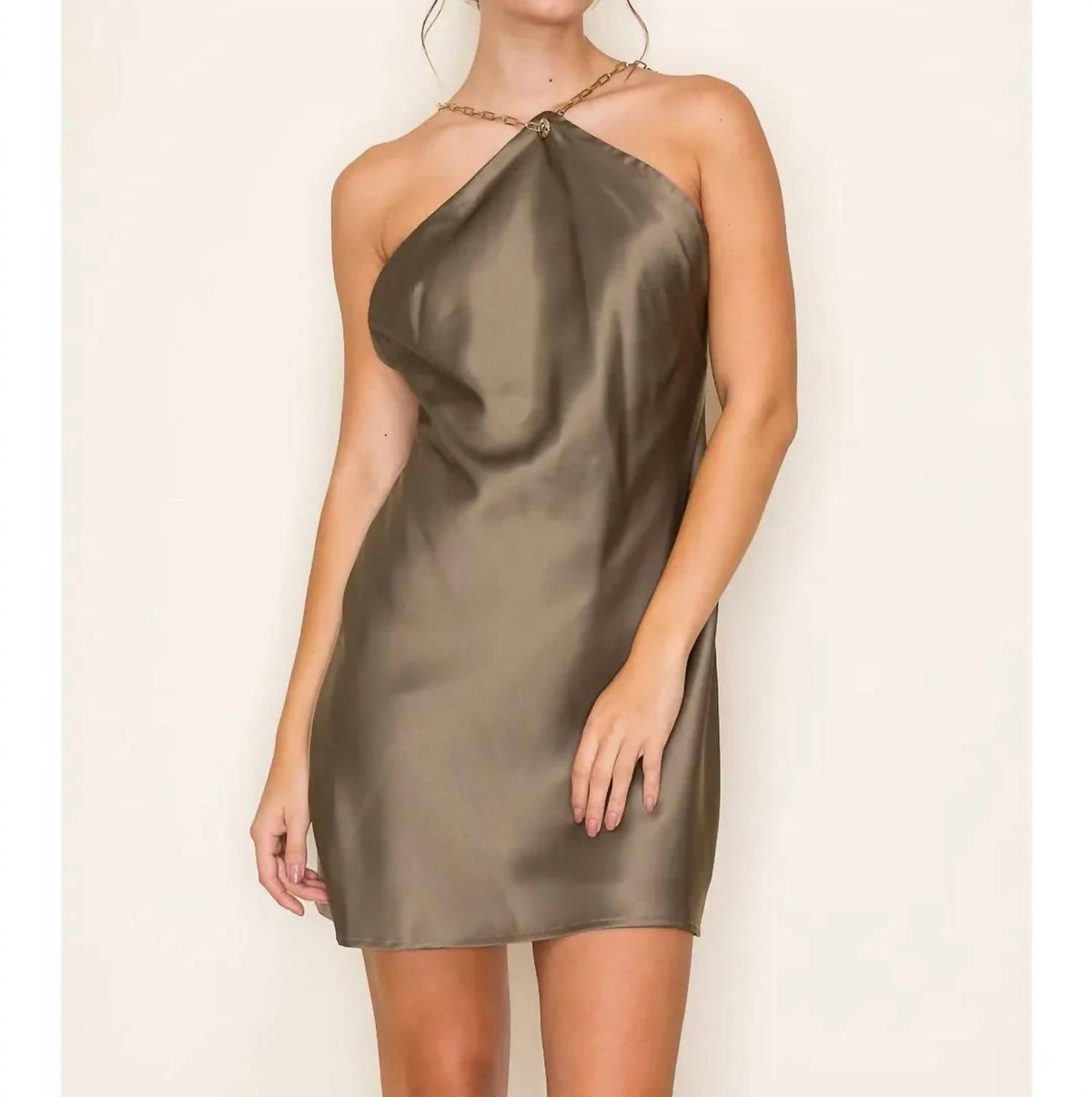 B.Right - Women's Halter Neck Satin Mini Skimmer Dress