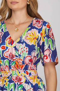 She + Sky - Short Sleeve V-Neck Floral Print Dress