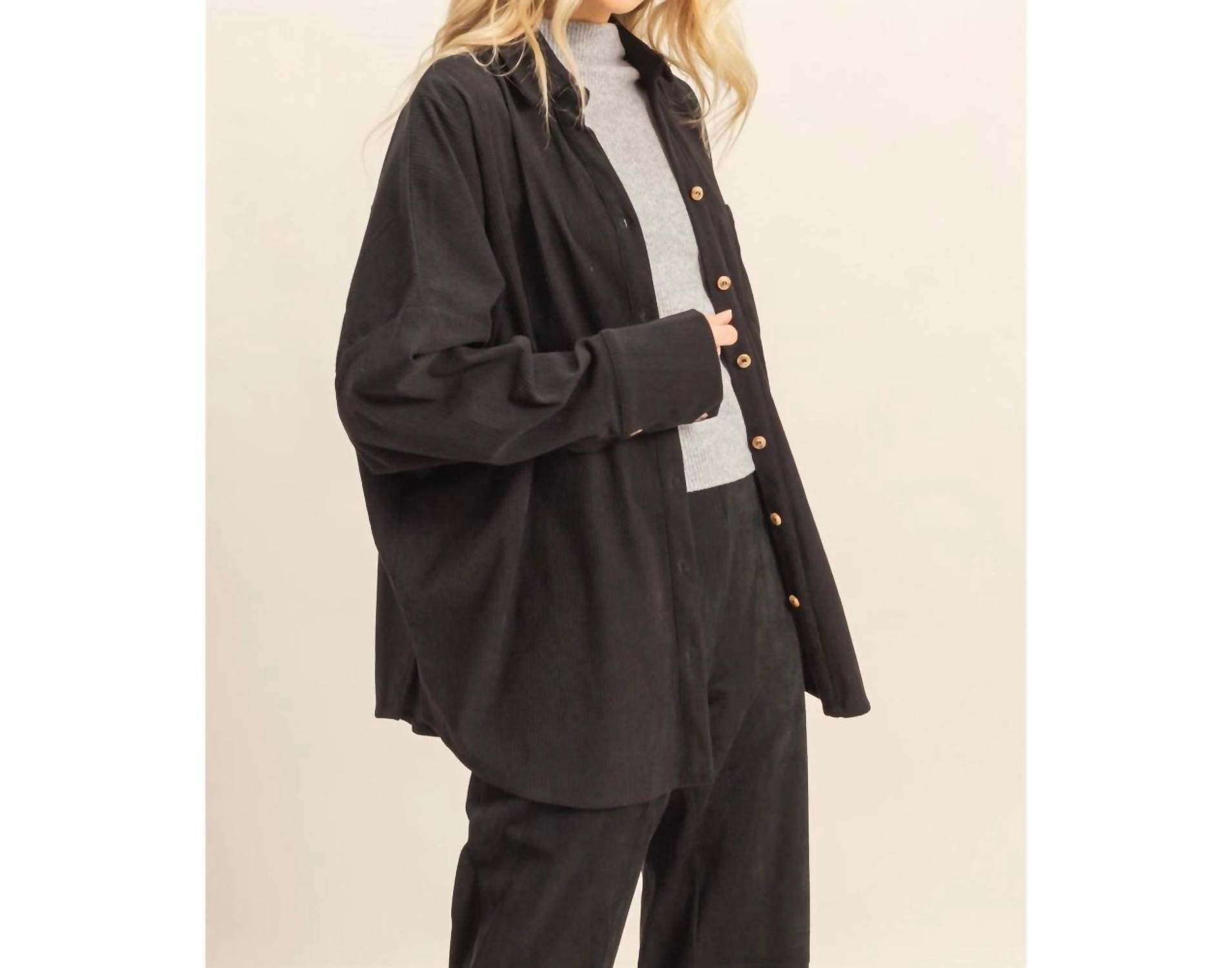 HYFVE Overslept Corduroy Shacket in black - women's jacket - detail view