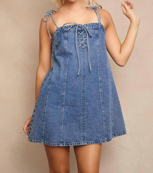 Le Lis - Lace-Up Bow Detail Denim Mini Dress