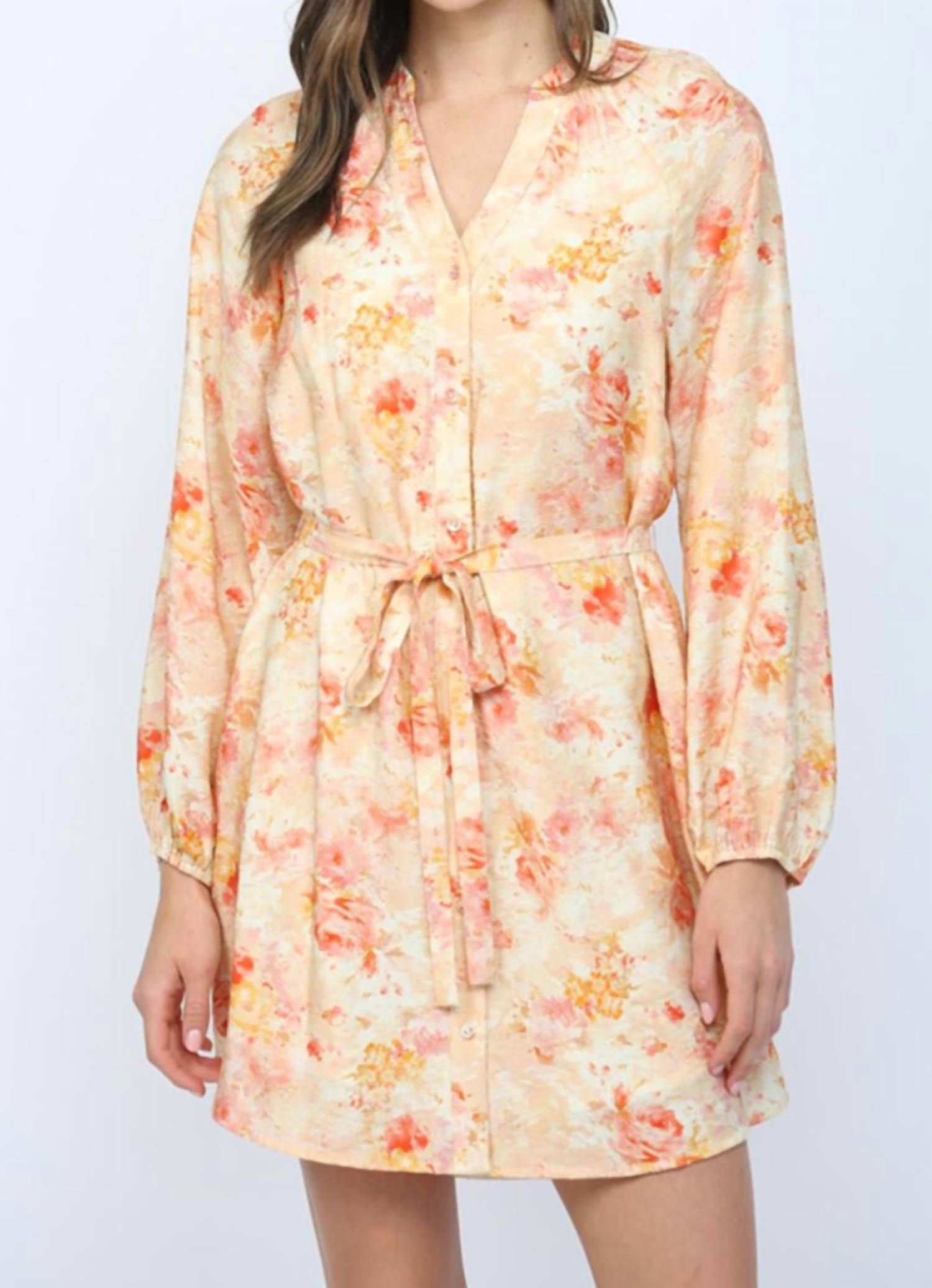 Fate Raglan Sleeves Button Down Mini Dress in peach multi - women's dress